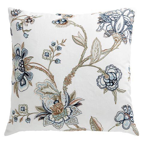 Blue & Taupe Iris Embroidered Square Pillow, 22" image