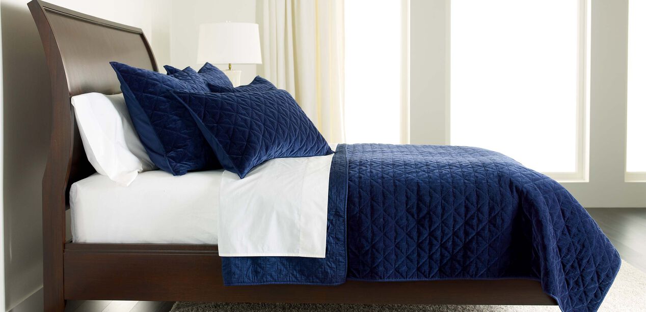Gresham Navy Velvet Coverlet and Shams QUILTS & COMFORTERS Ethan Allen