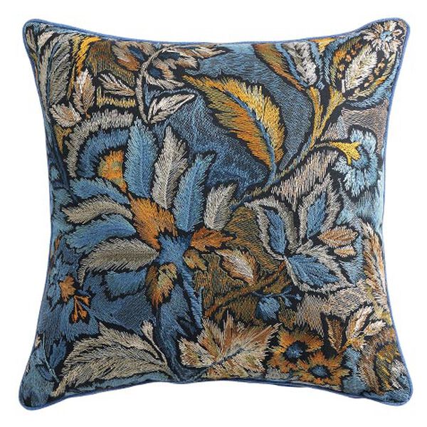 Blue Botanical Embroidered Pillow
