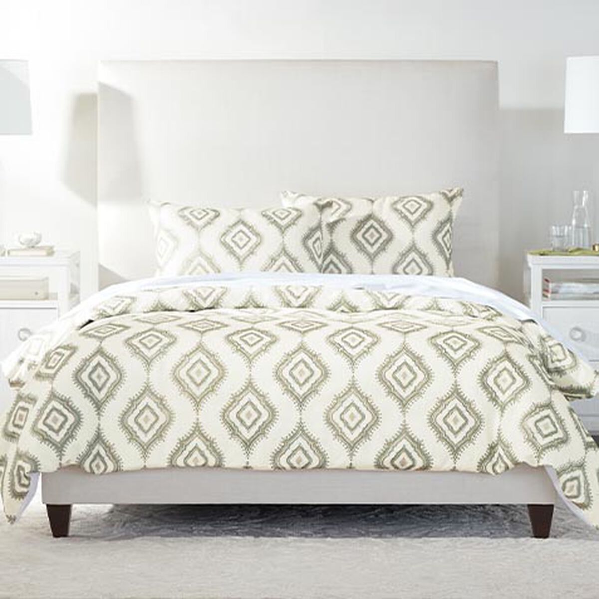 White & Green Embroidered Duvet Cover and Shams Set