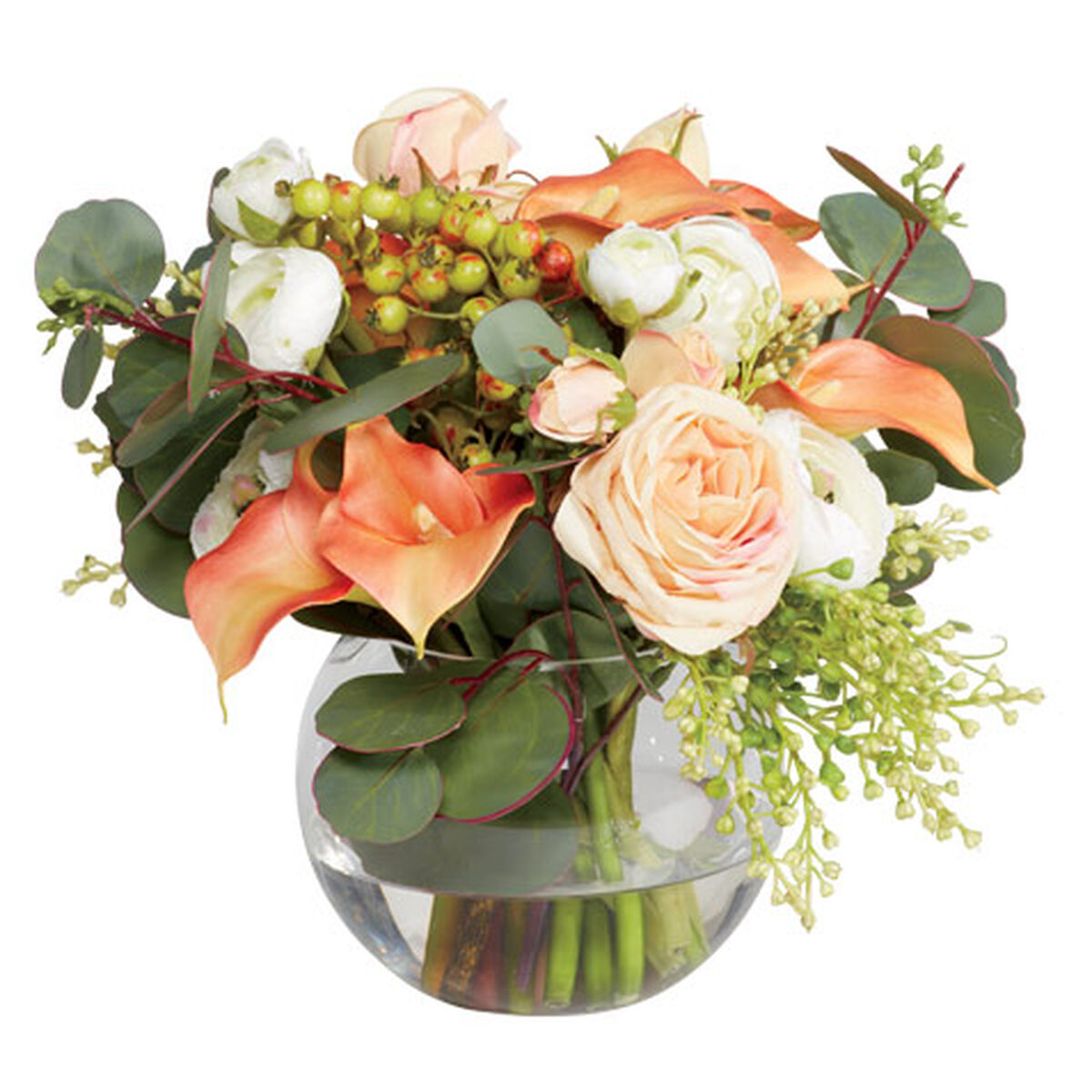 Lilies, Ranunculus & Roses in Fishbowl Vase