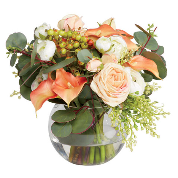 Lilies, Ranunculus & Roses in Fishbowl Vase