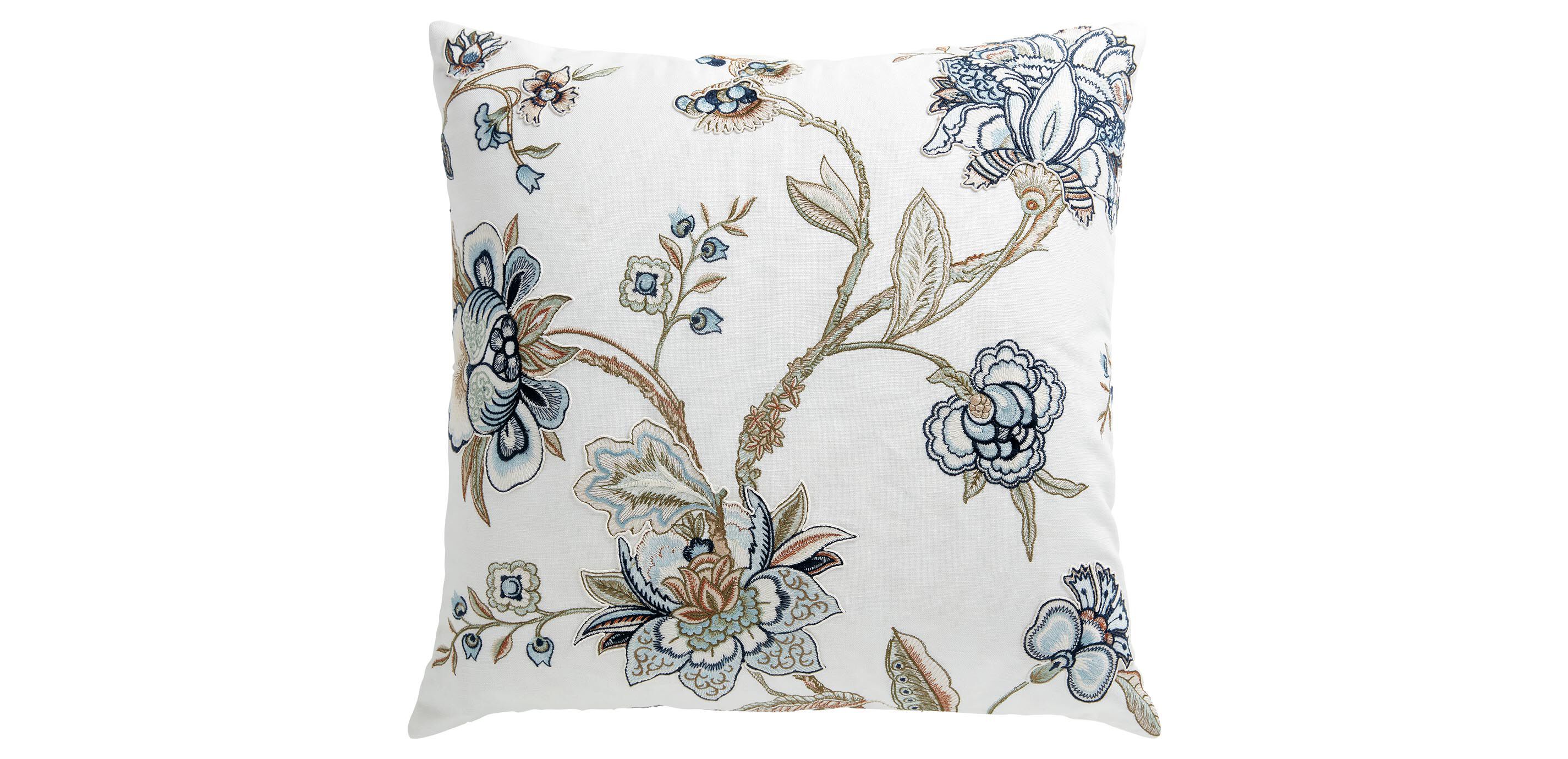 Blue & Taupe Iris Embroidered Square Pillow, 22"