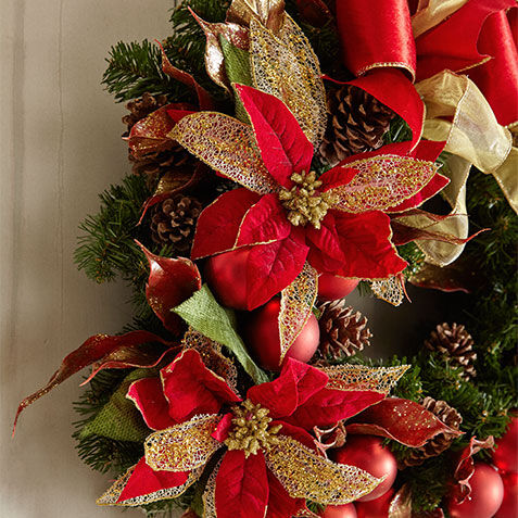 28" Red Poinsettia Holiday Wreath Product Tile Hover Image 443758   RED