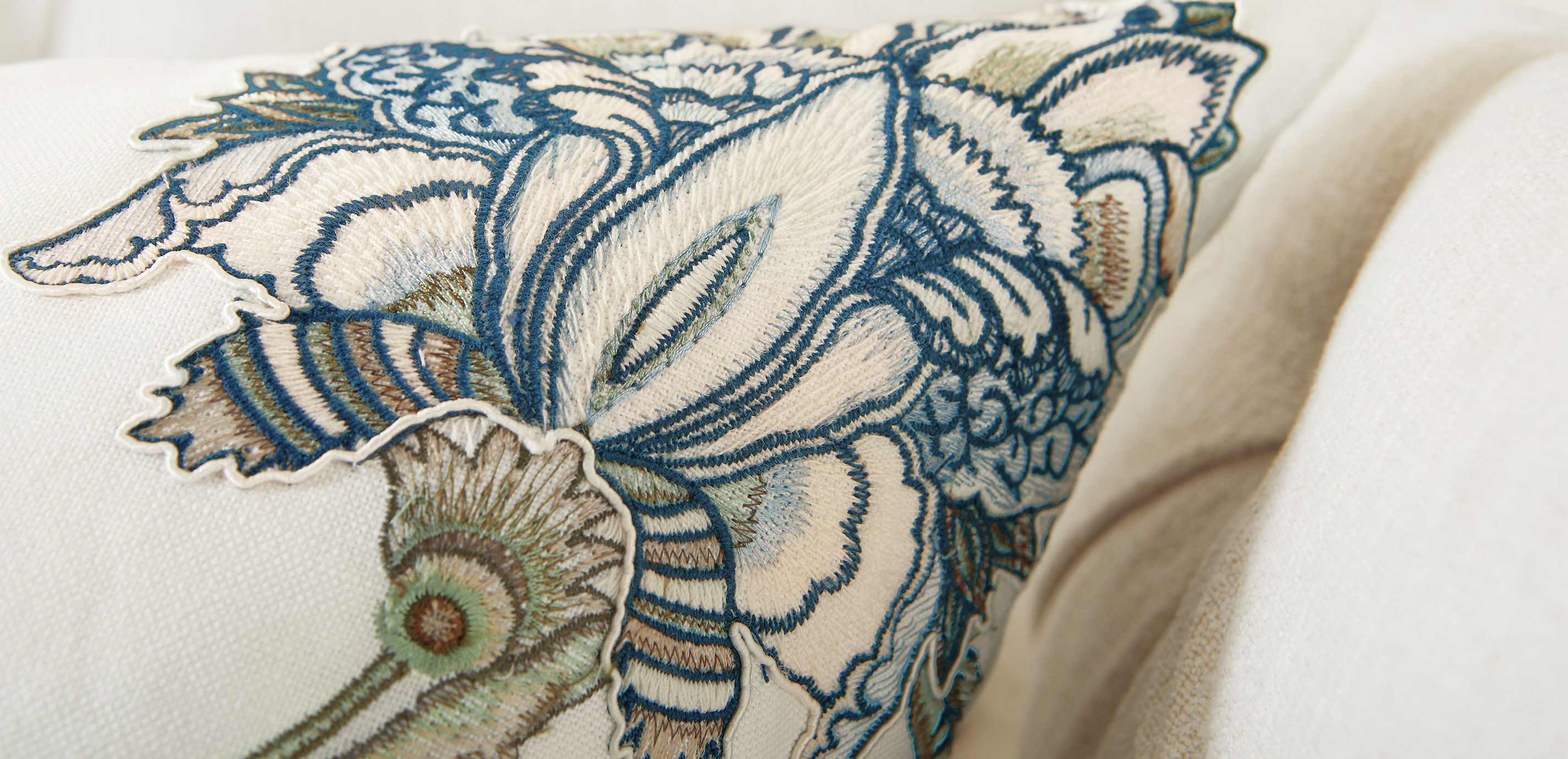 Blue & Taupe Iris Embroidered Square Pillow, 22"_2