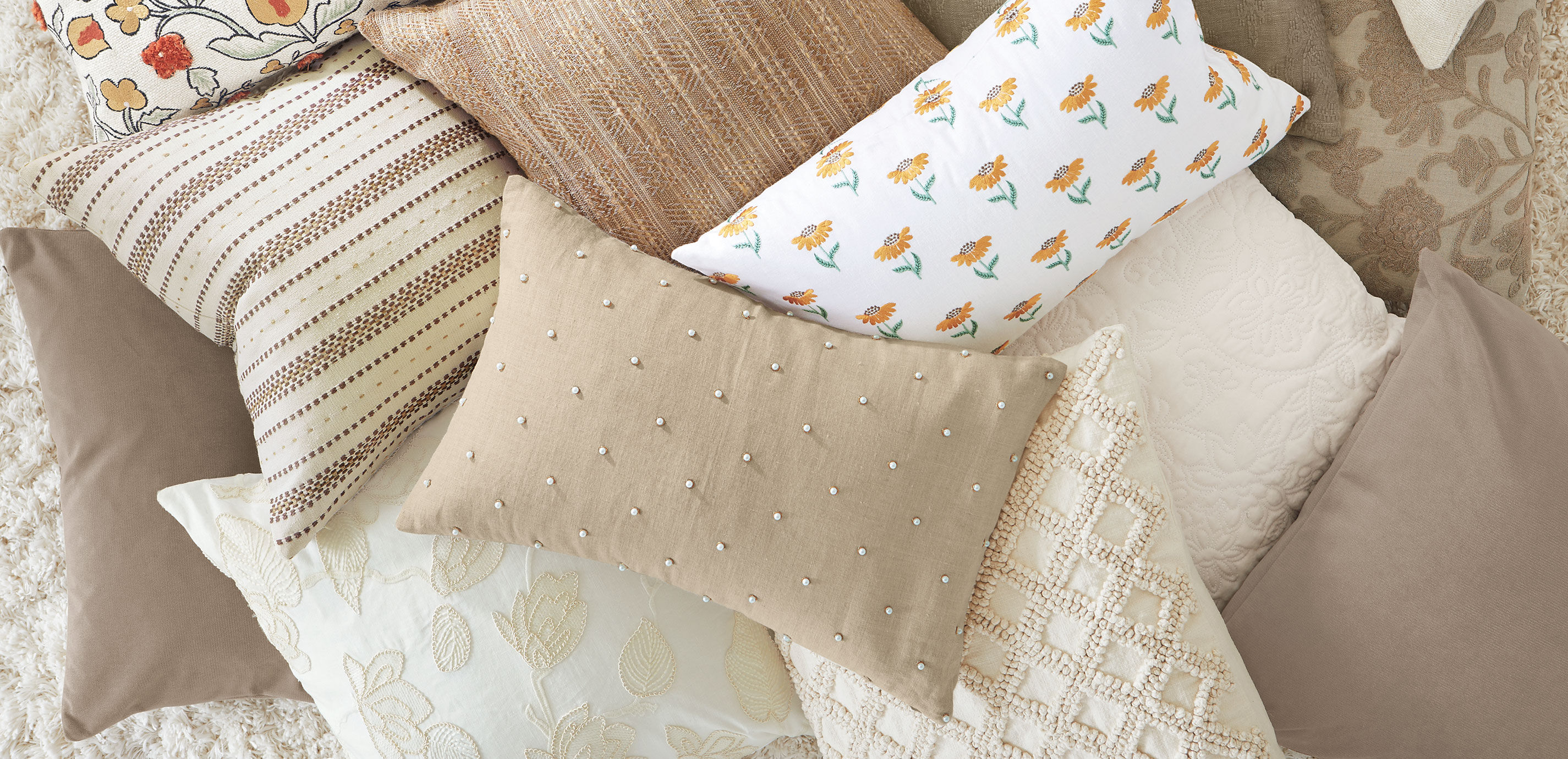 Linen-Blend Floral Embroidered 22" Square Pillow, White_7