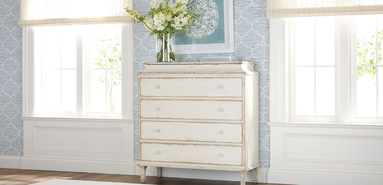 Leora Antiqued White Tall Chest | Dressers & Chests | Ethan Allen Leora Antiqued White Tall Chest | Dressers & Chests | Ethan Allen