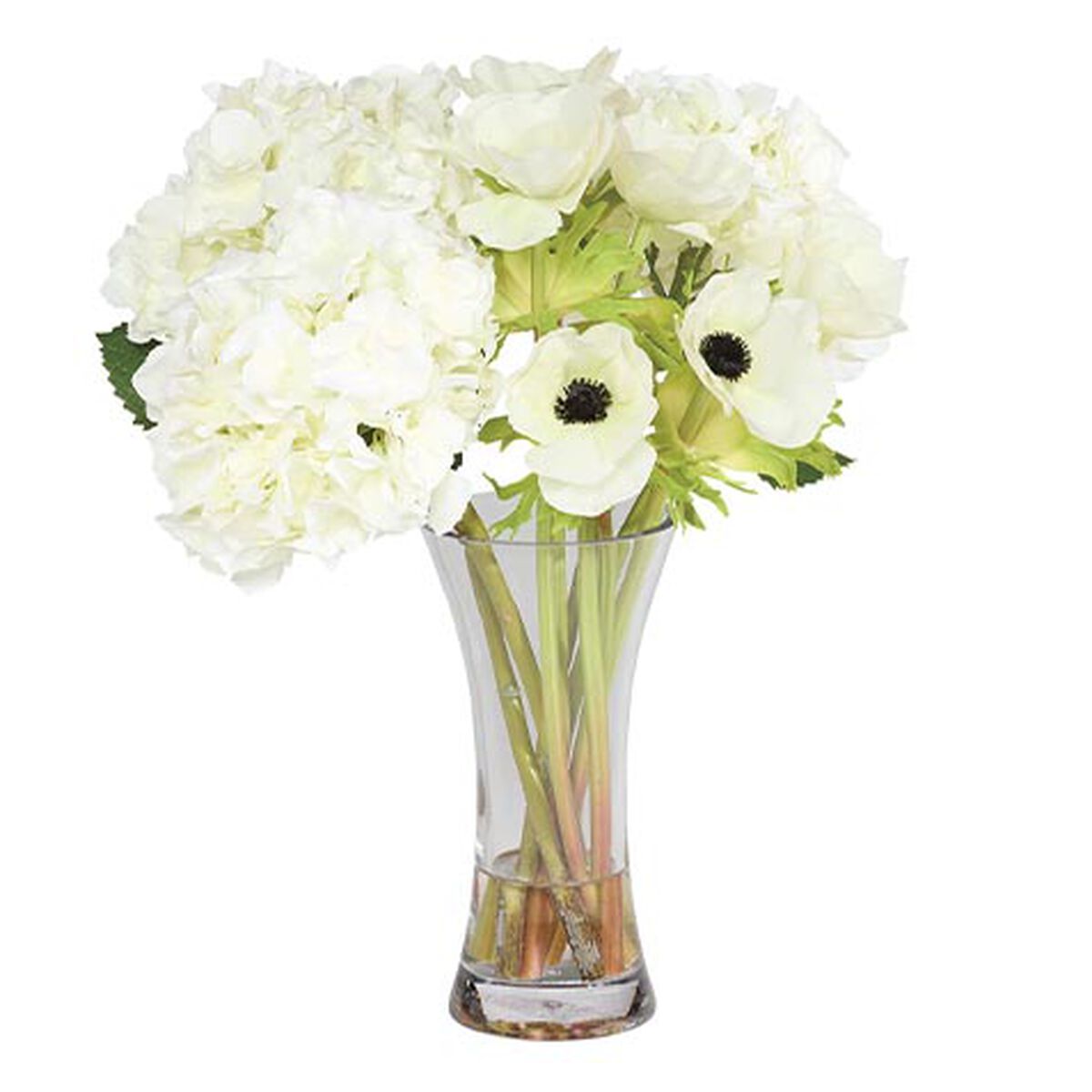 White Hydrangea and Anemone Bouquet in Hourglass Vase