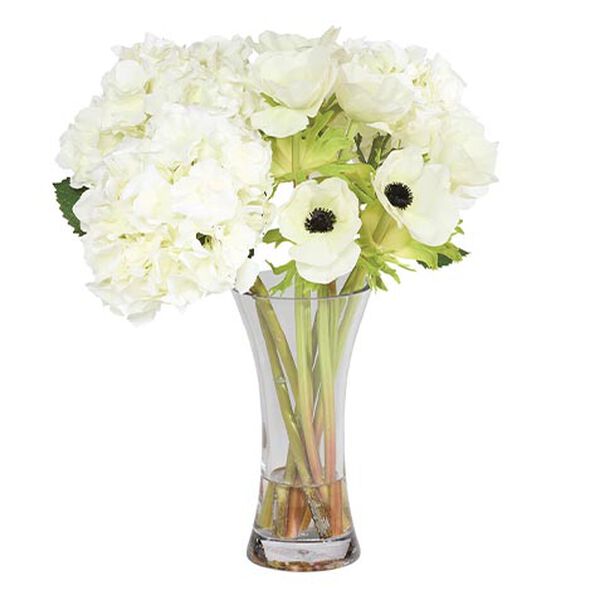 White Hydrangea and Anemone Bouquet in Hourglass Vase