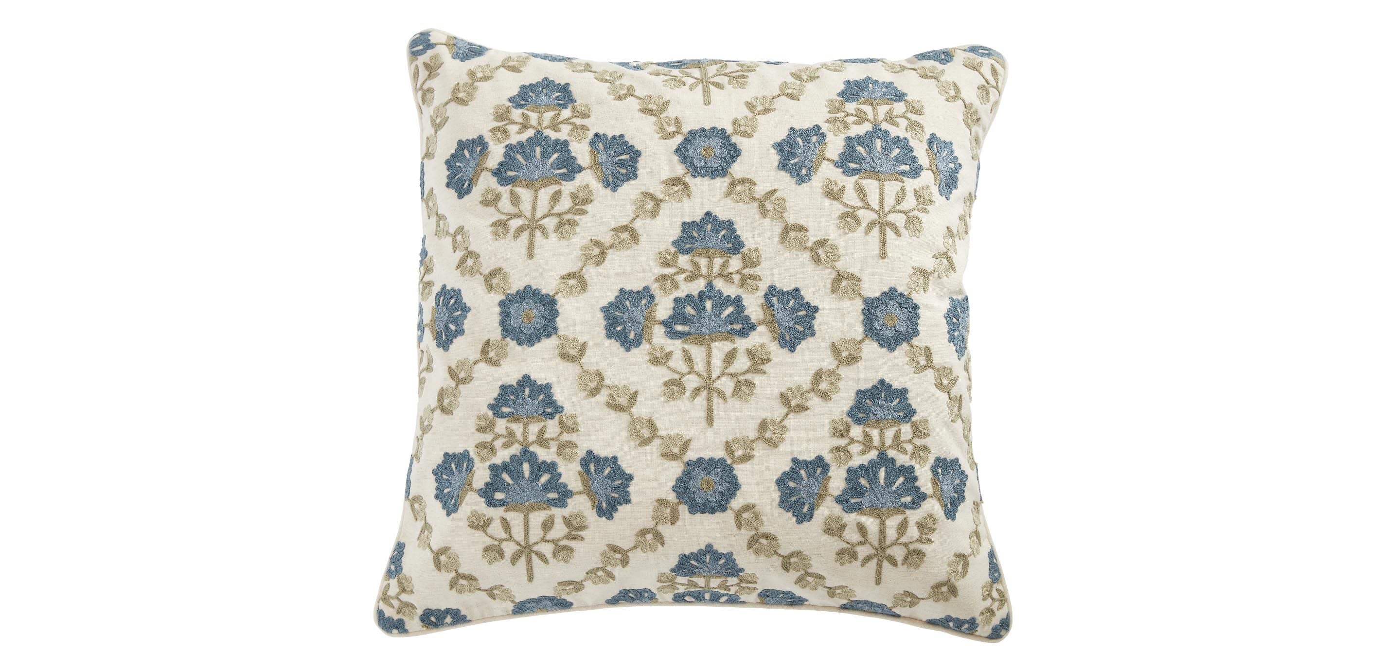 Crewel-Stitch Floral-Pattern Pillow