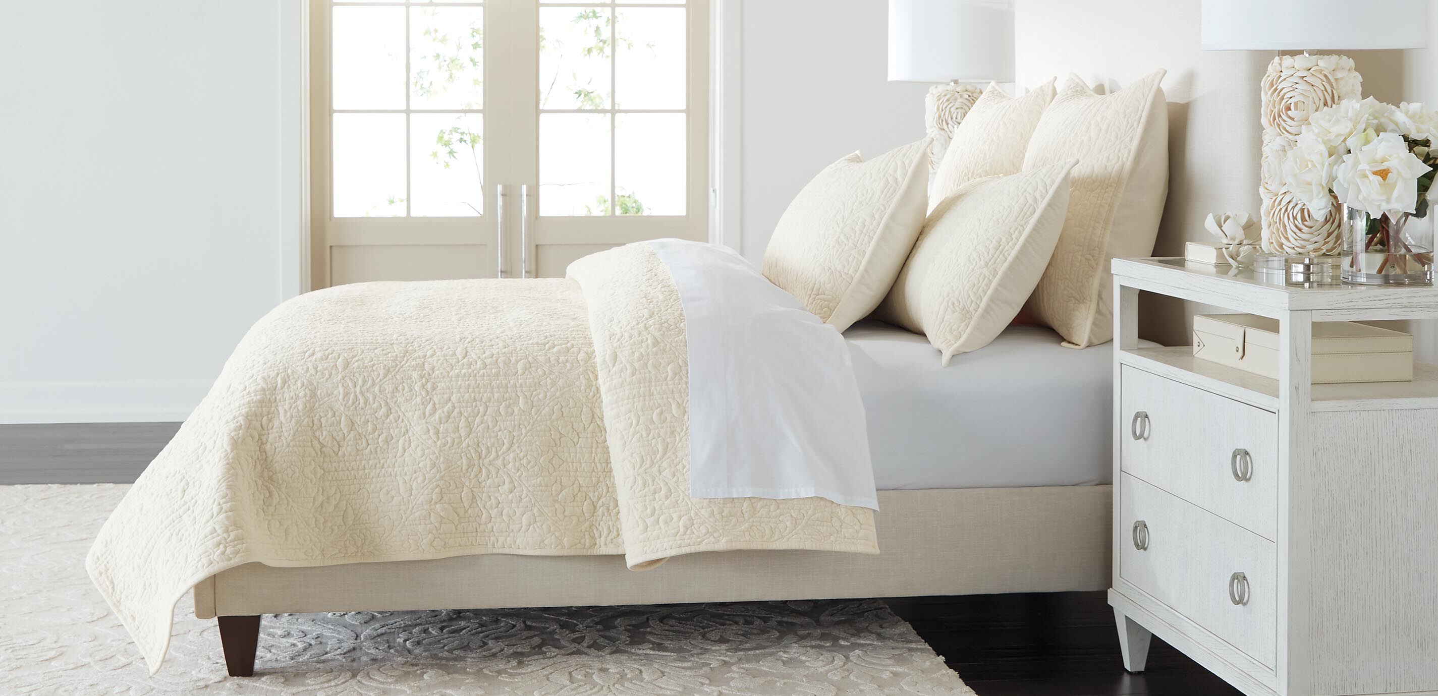 Garment-Dyed Velvet Quilted Coverlet and Shams Set, Ivory_1