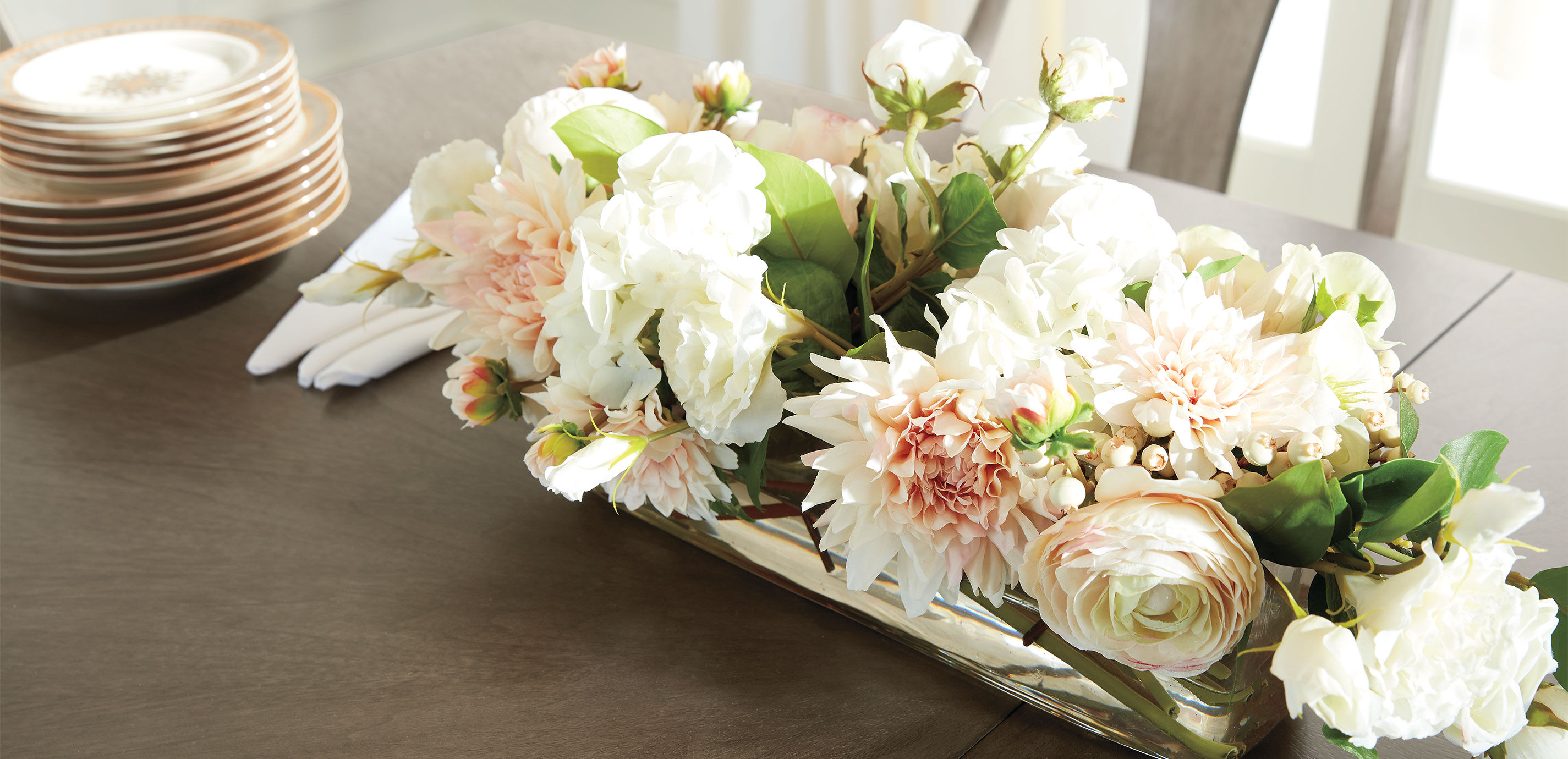 Blush Mixed Floral Centerpiece in Low Linear Glass Vase_9