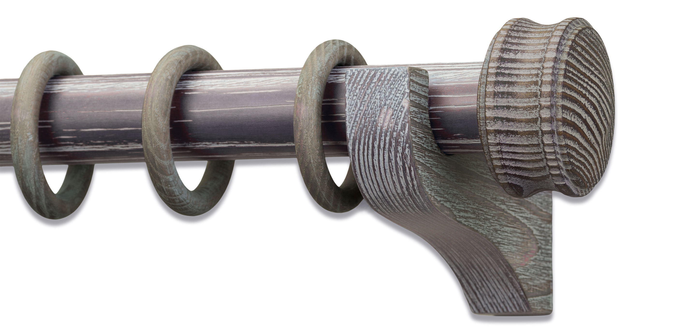 Distressed Wood Drapery Hardware Set with Cuffed End Cap Finial