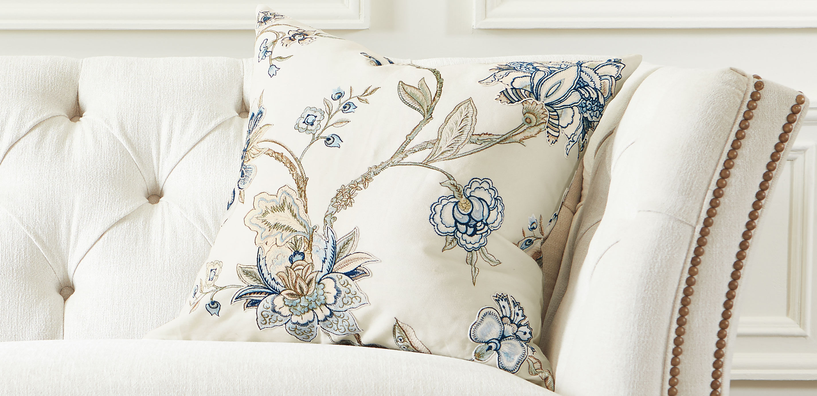 Blue & Taupe Iris Embroidered Square Pillow, 22"_1