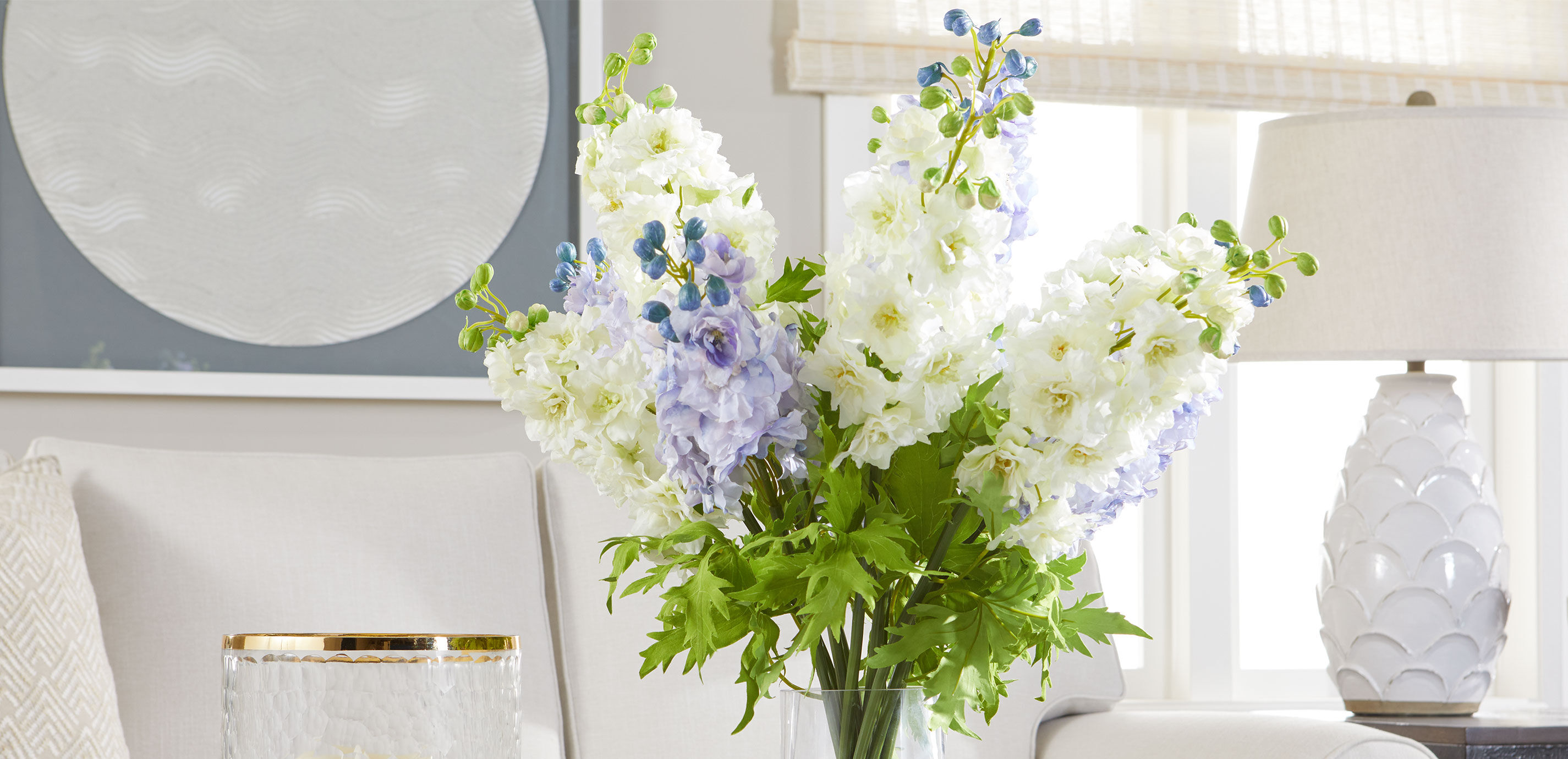 Blue and White Delphinium Bouquet in Tall Vase_5
