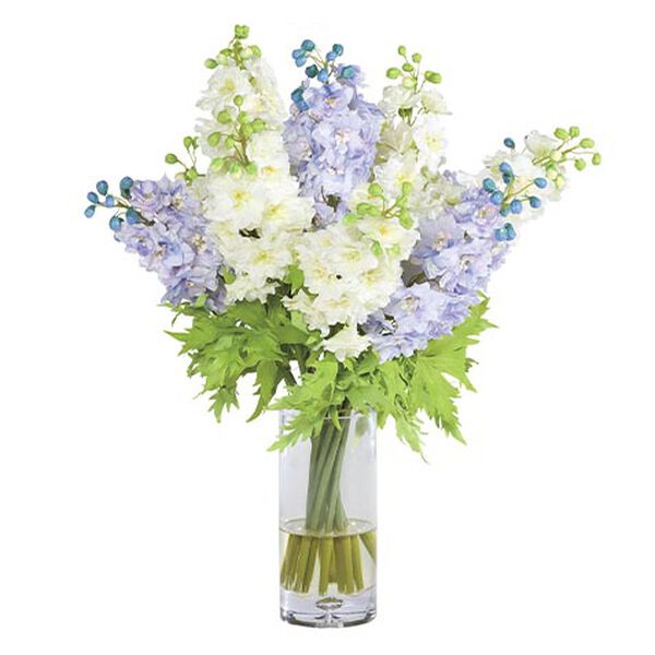 Blue and White Delphinium Bouquet in Tall Vase