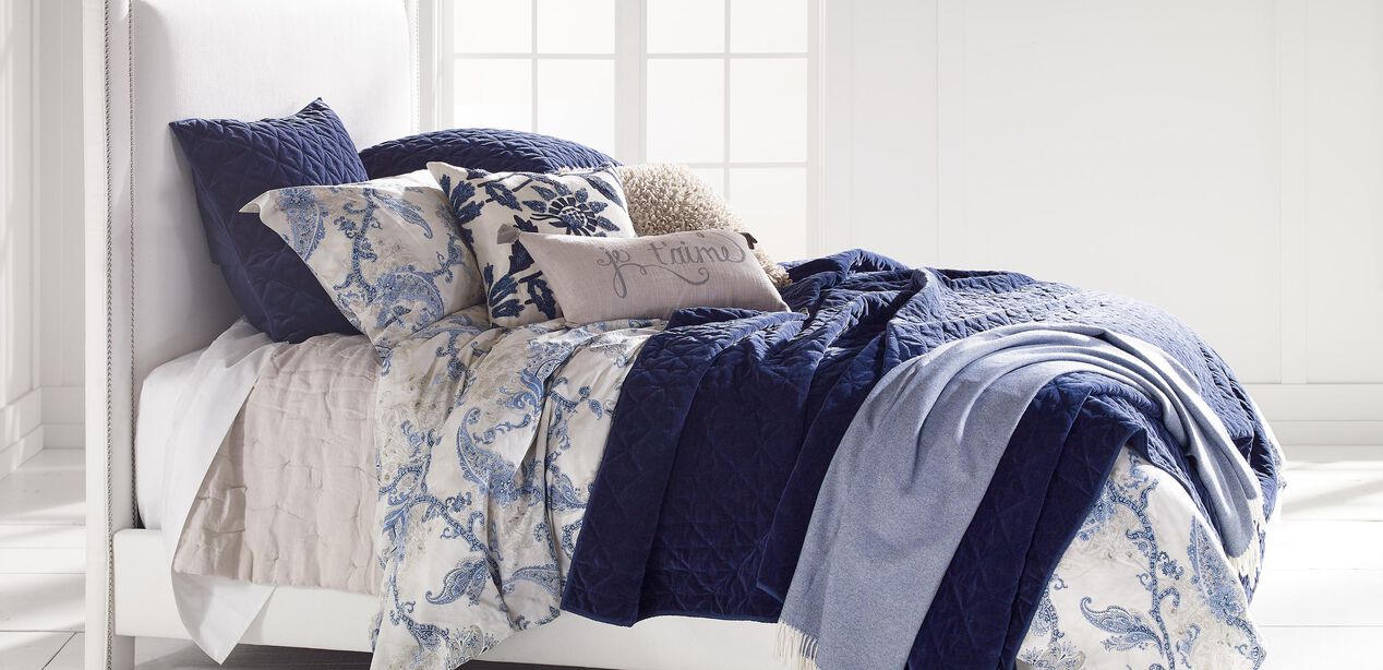 Gresham Navy Velvet Coverlet BEDDING Ethan Allen