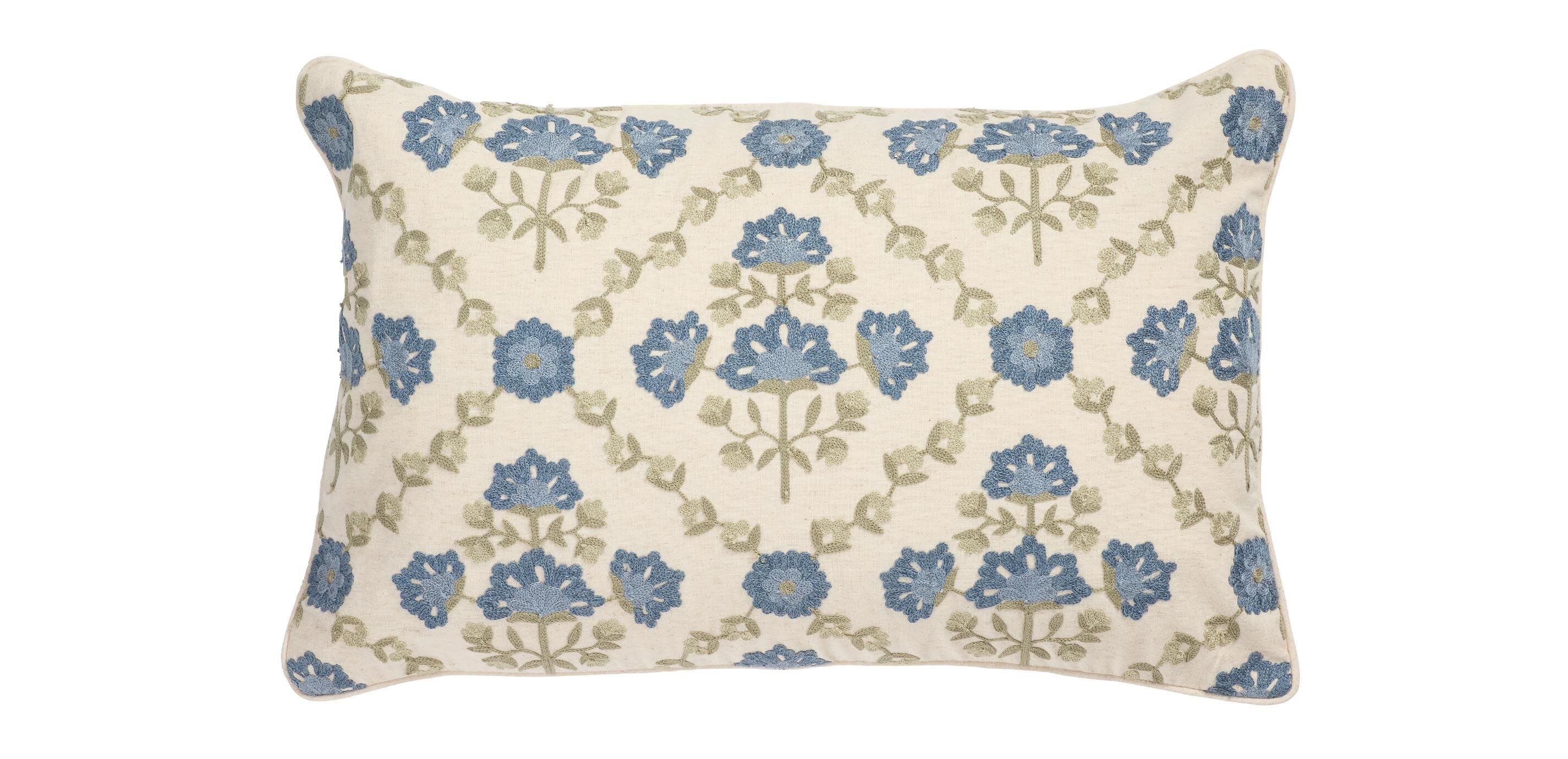 Crewel-Stitch Floral-Pattern Lumbar Pillow