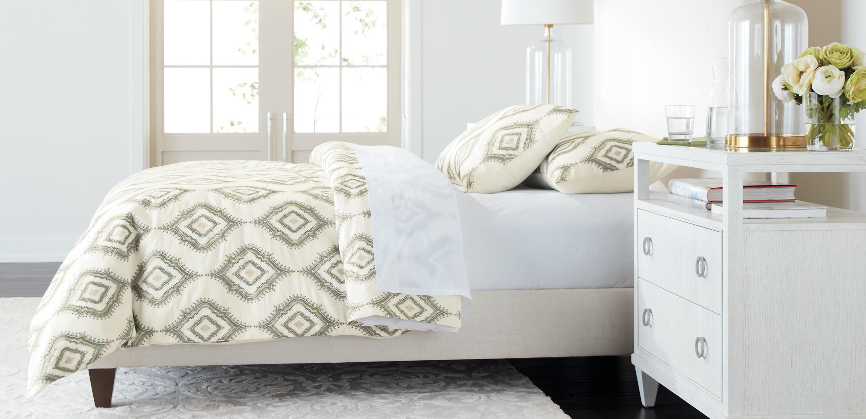 White & Green Embroidered Duvet Cover and Shams Set_1