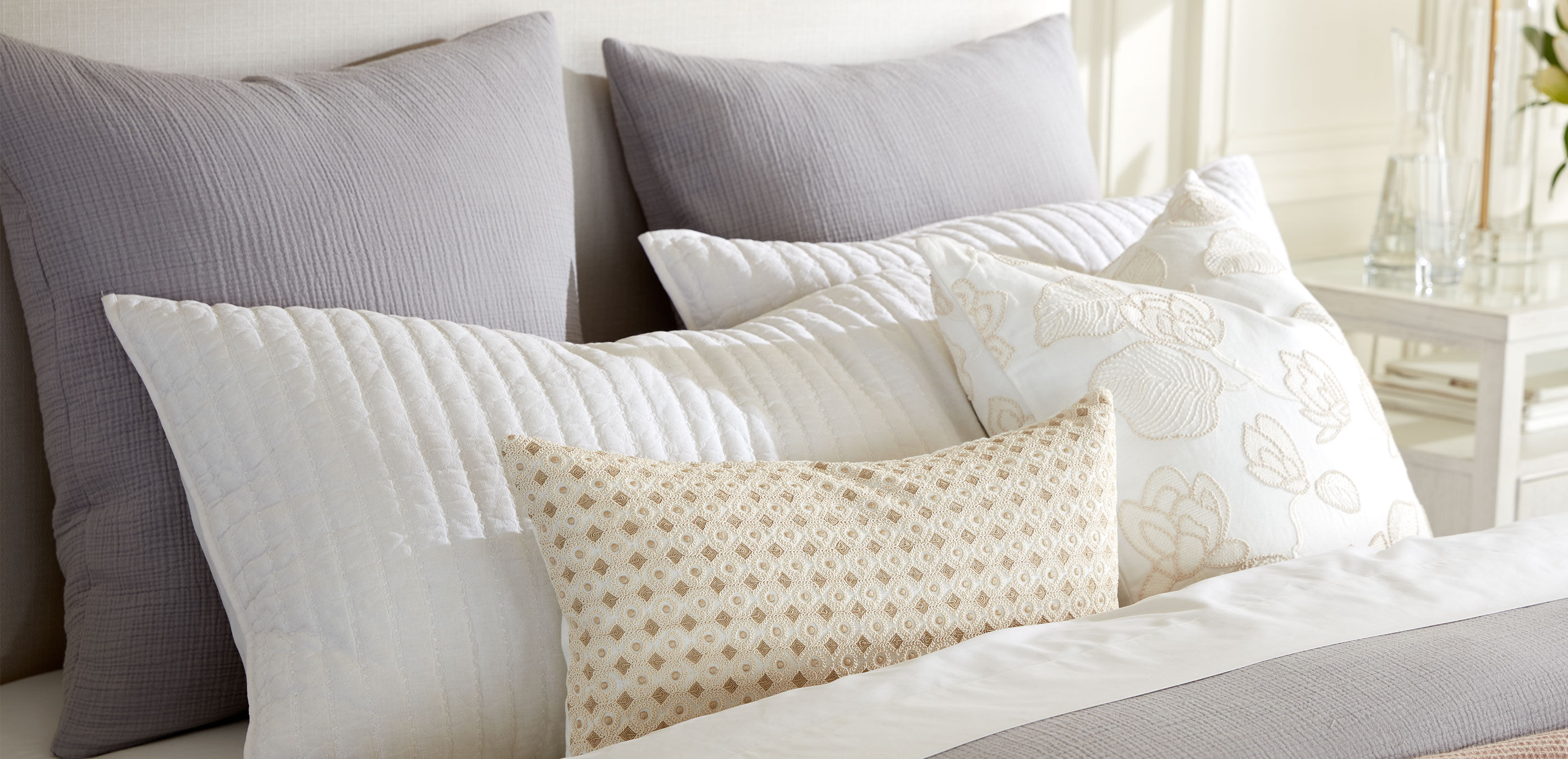 Linen-Blend Floral Embroidered Square Pillow, White_3