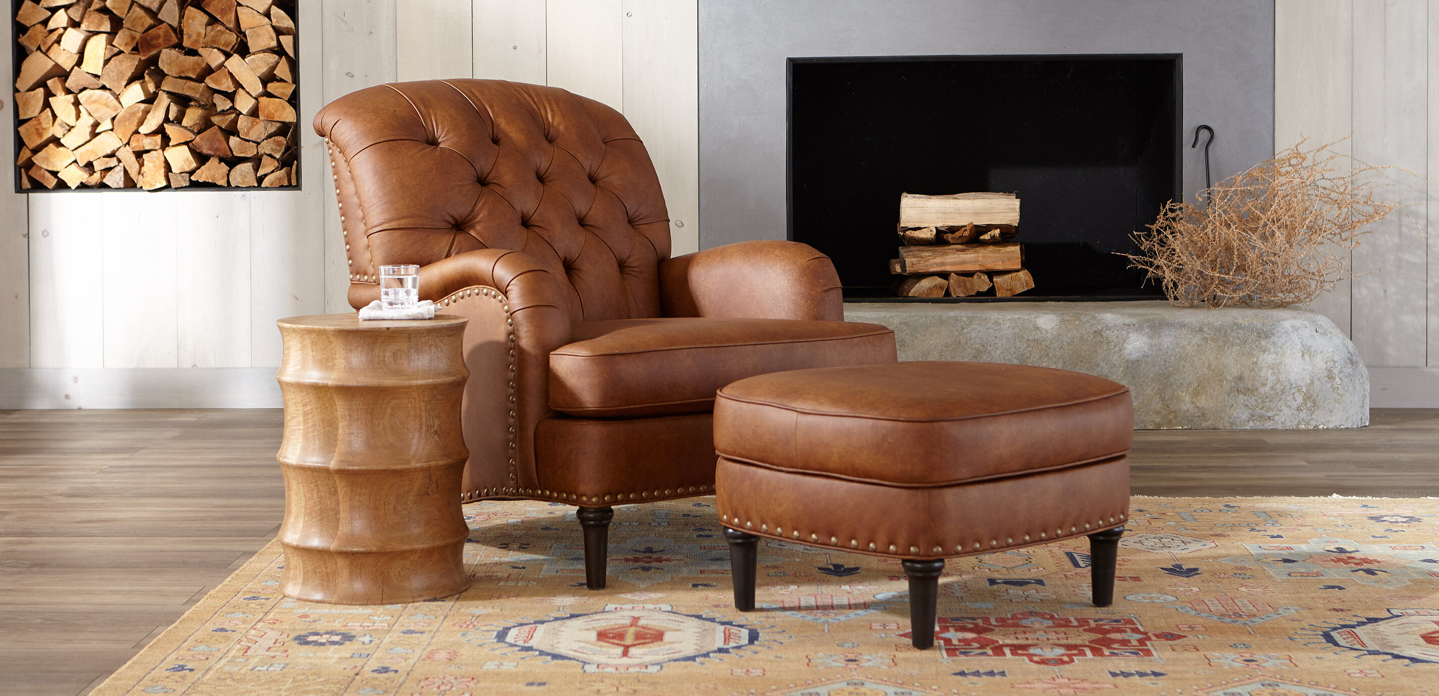 Ethan allen best sale leather ottoman