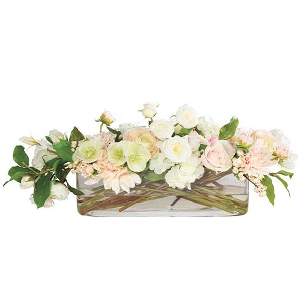 Blush Mixed Floral Centerpiece in Low Linear Glass Vase