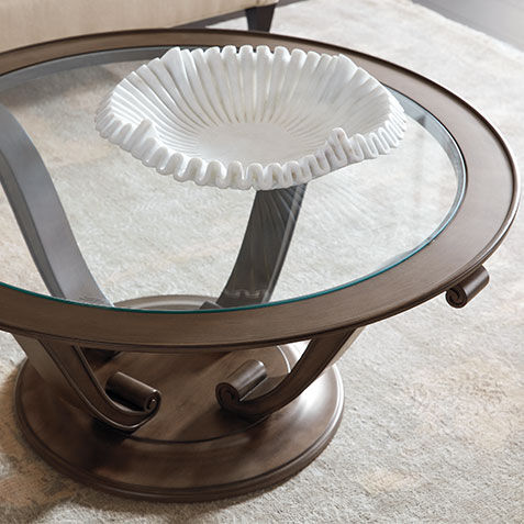 Camille Round Glass-Top Scroll-Base Coffee Table Product Tile Hover Image 238050
