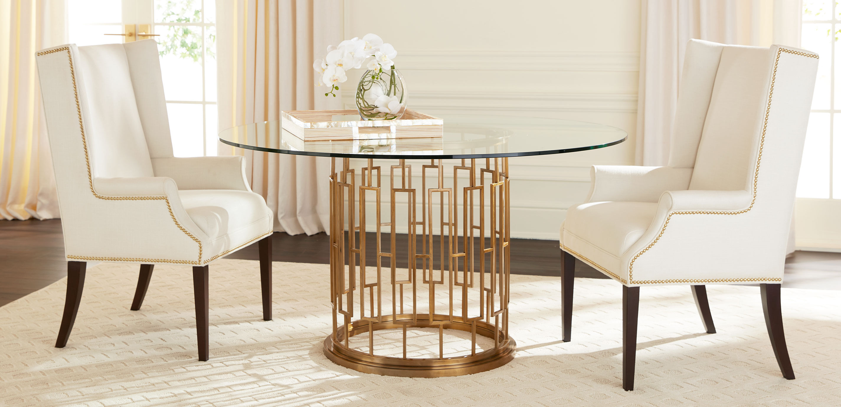 Teresa Glass Top Round Dining Table Metal Base Ethan Allen