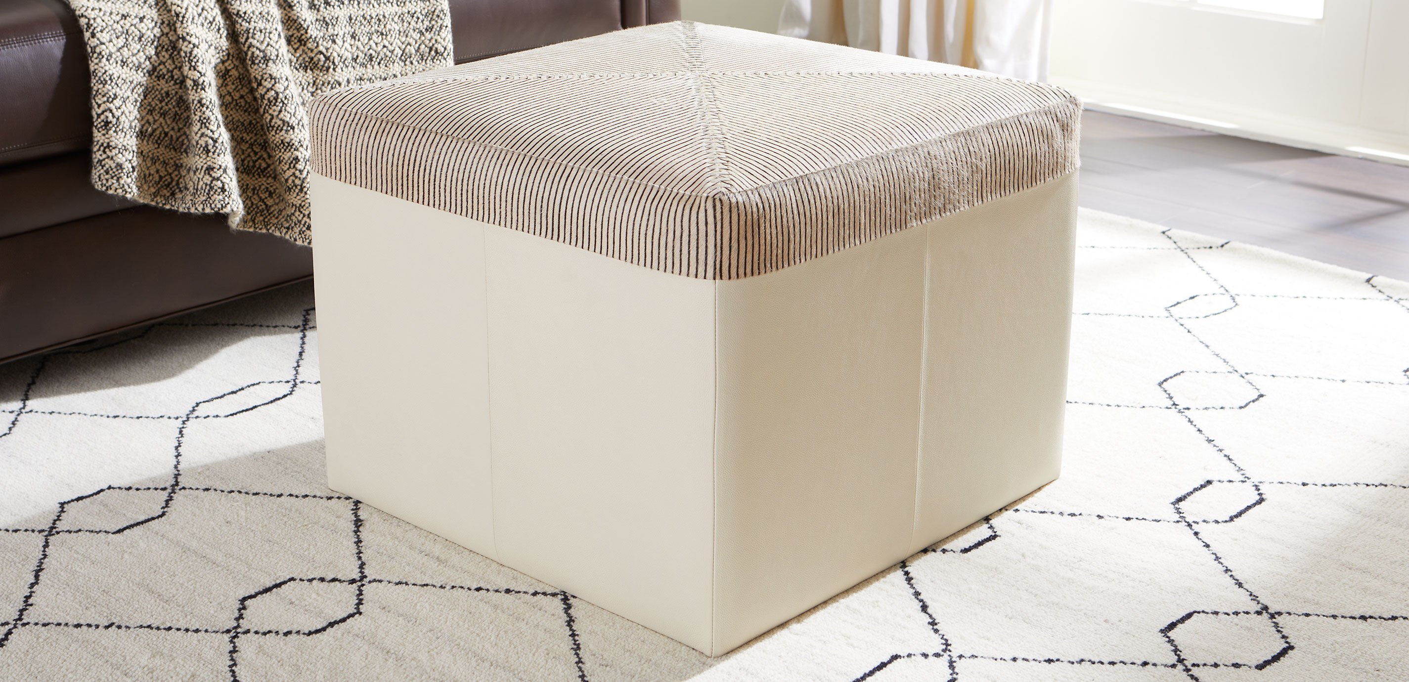 Pinstripe Hide & Leather Pouf_4