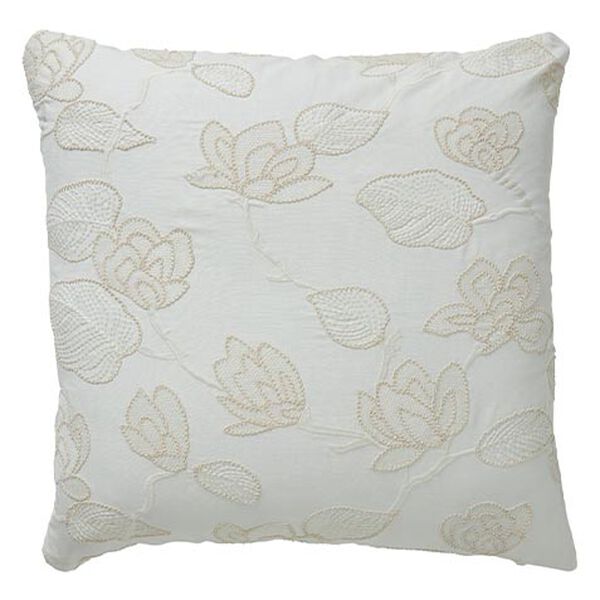 Linen-Blend Floral Embroidered Square Pillow, White