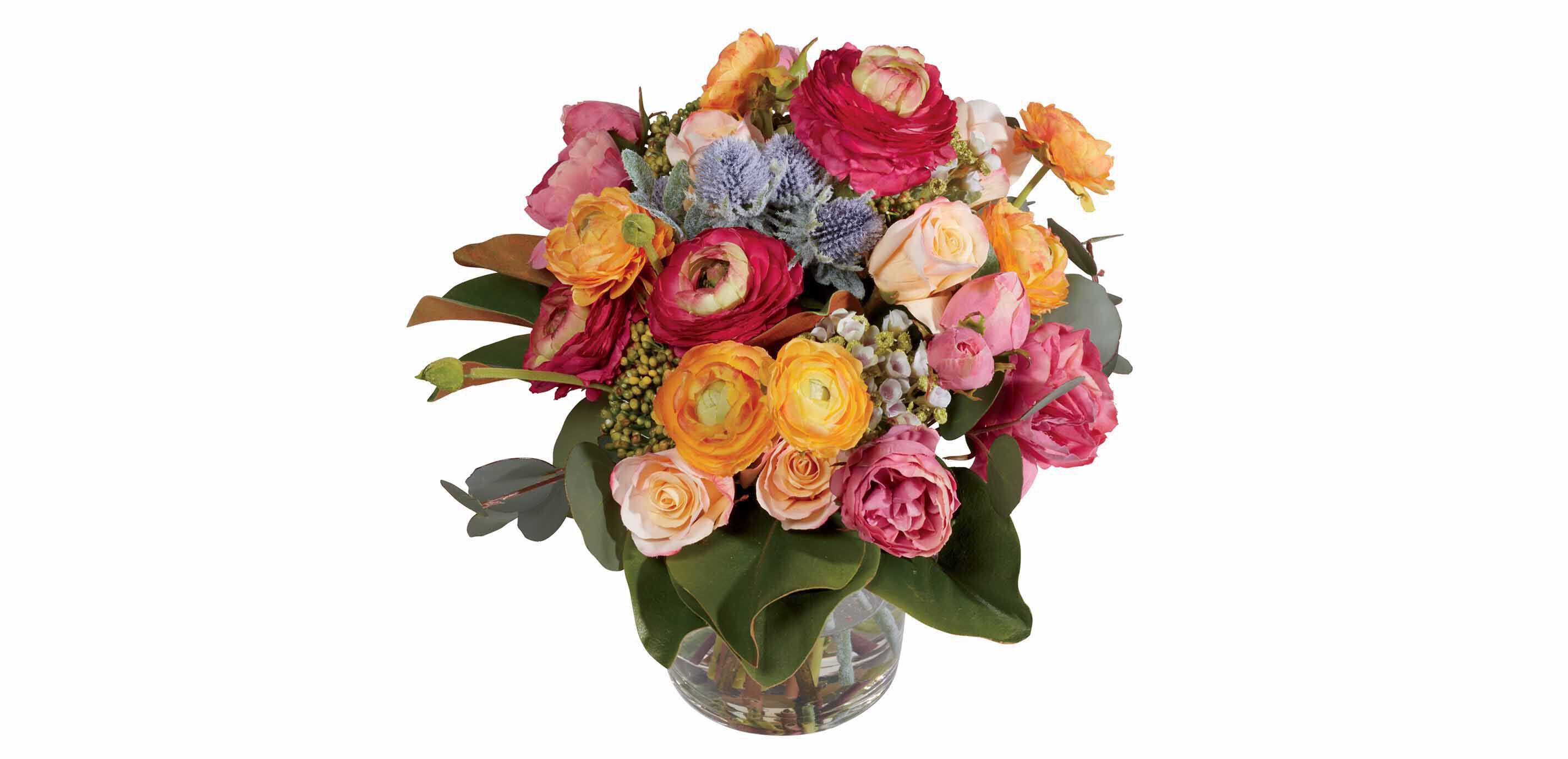 Small Ranunculus & Roses Sedum in Glass Vase_1