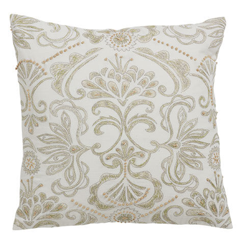 White and Green Embroidered Damask Pillow image