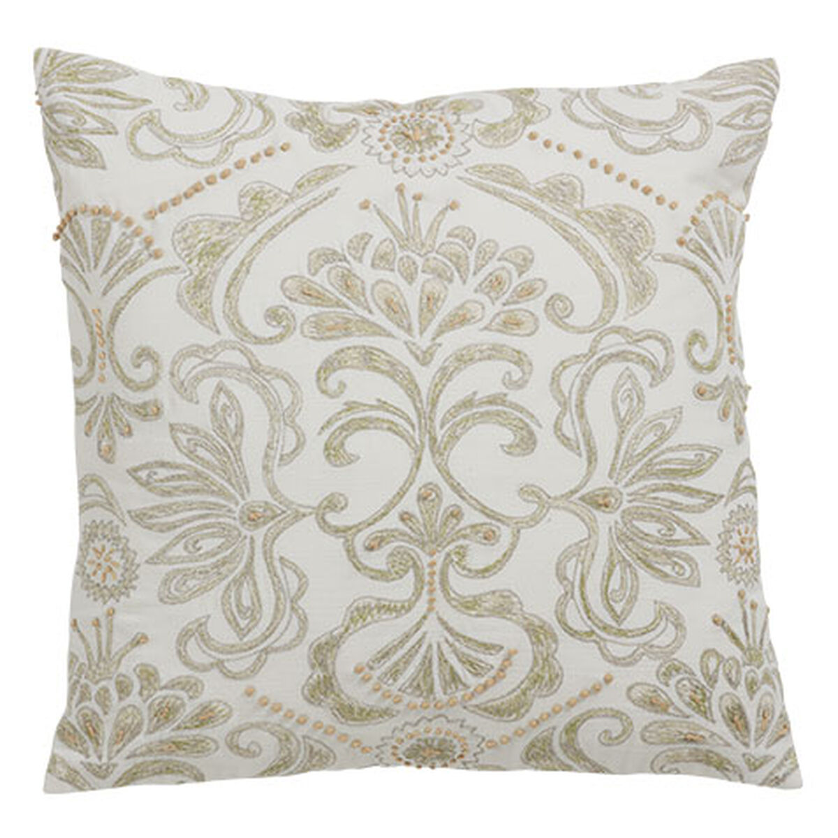 White and Green Embroidered Damask Pillow