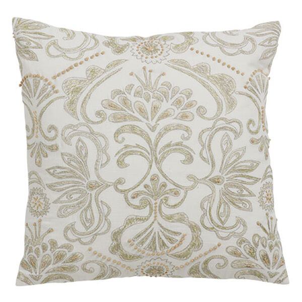 White and Green Embroidered Damask Pillow