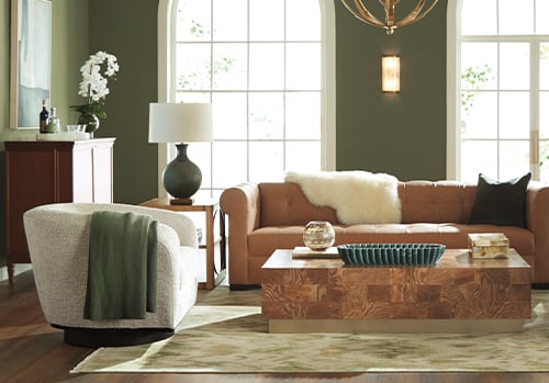 casual living room with leather sofa