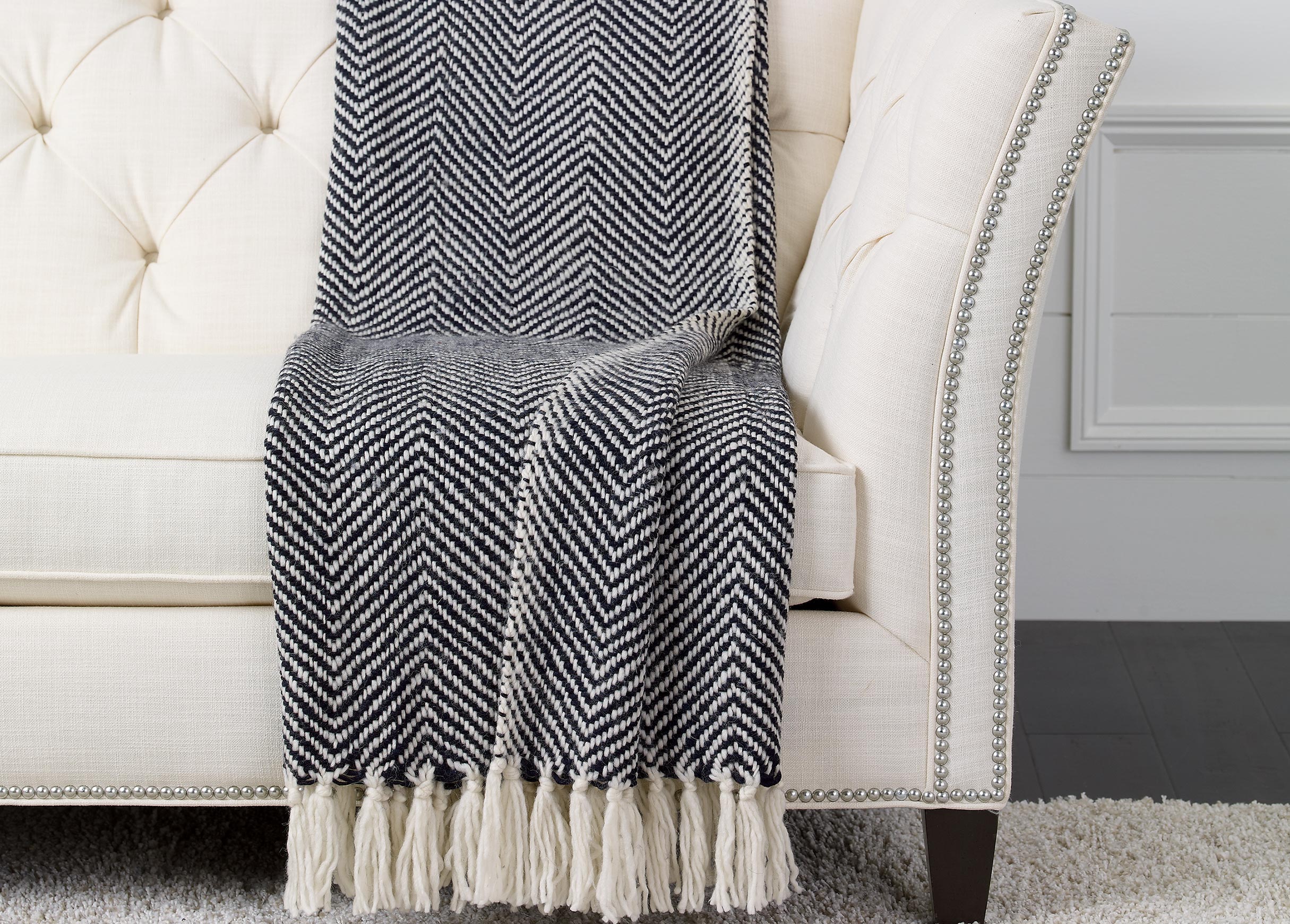 Herringbone Knit Throw, Black/White Throws Ethan Allen