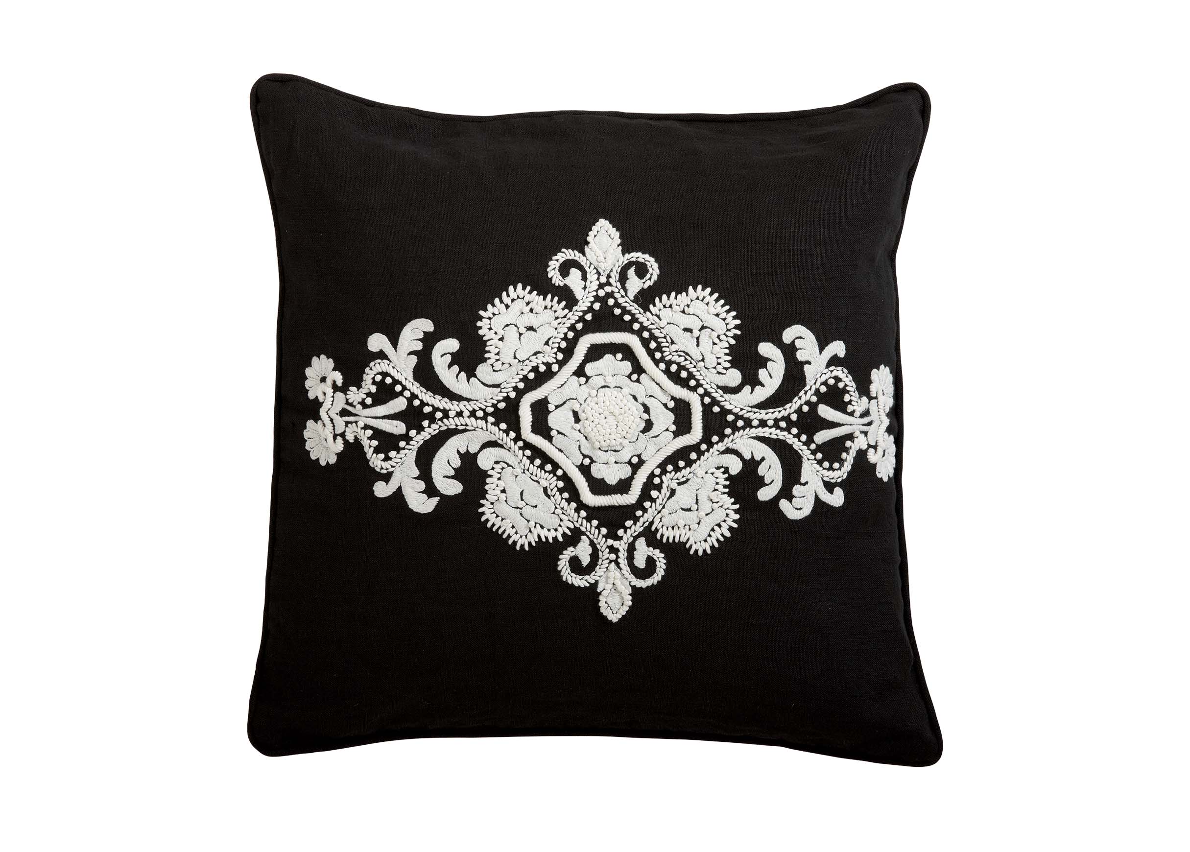 Embroidered Scroll on Black Linen Pillow Pillows Ethan Allen