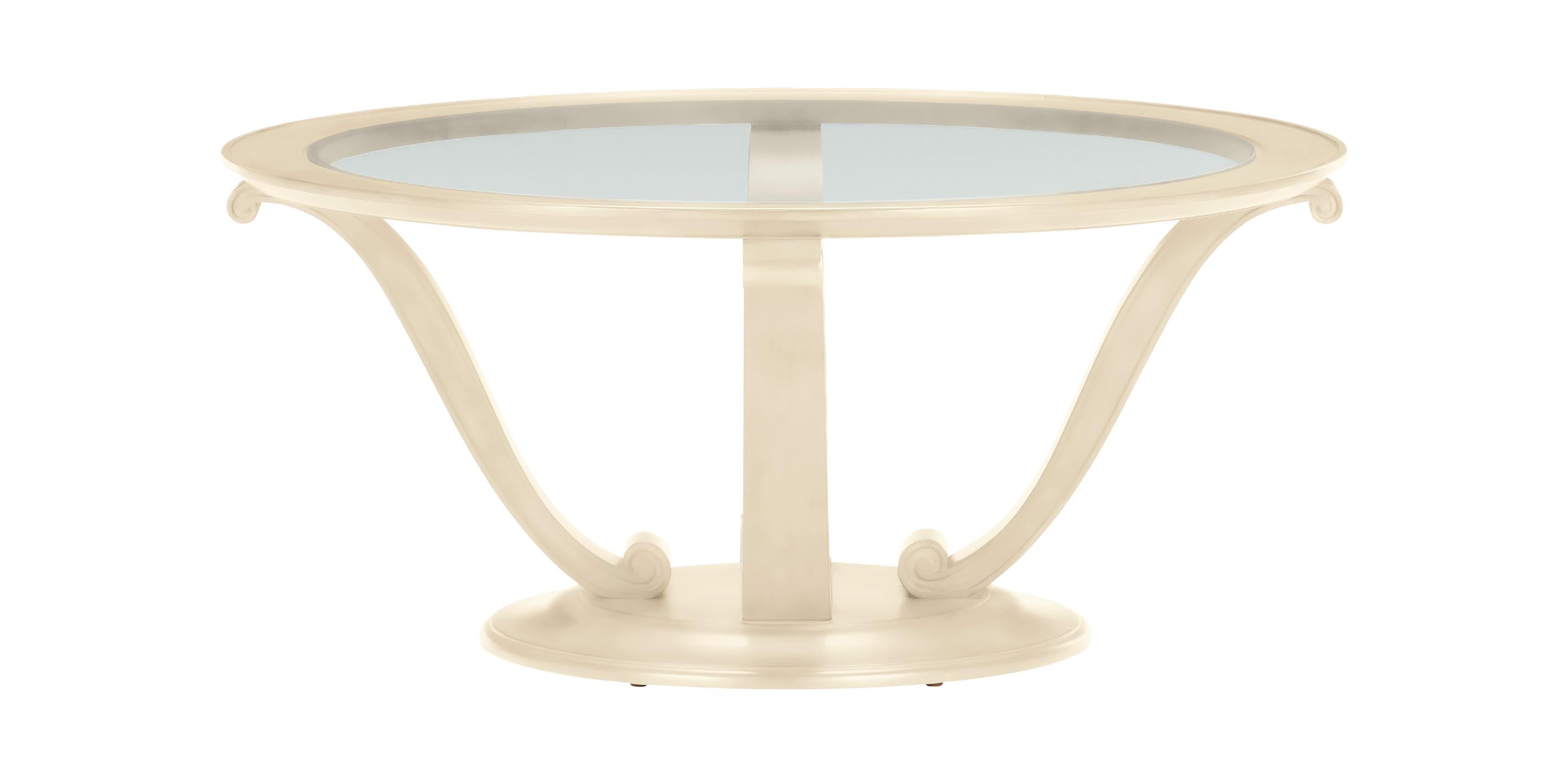 希少★Ethan Allen イーセンアーレン コーヒーテーブル ガラステーブル Camille Round Glass-Top Scroll-Base Coffee Table | Ethan Allen