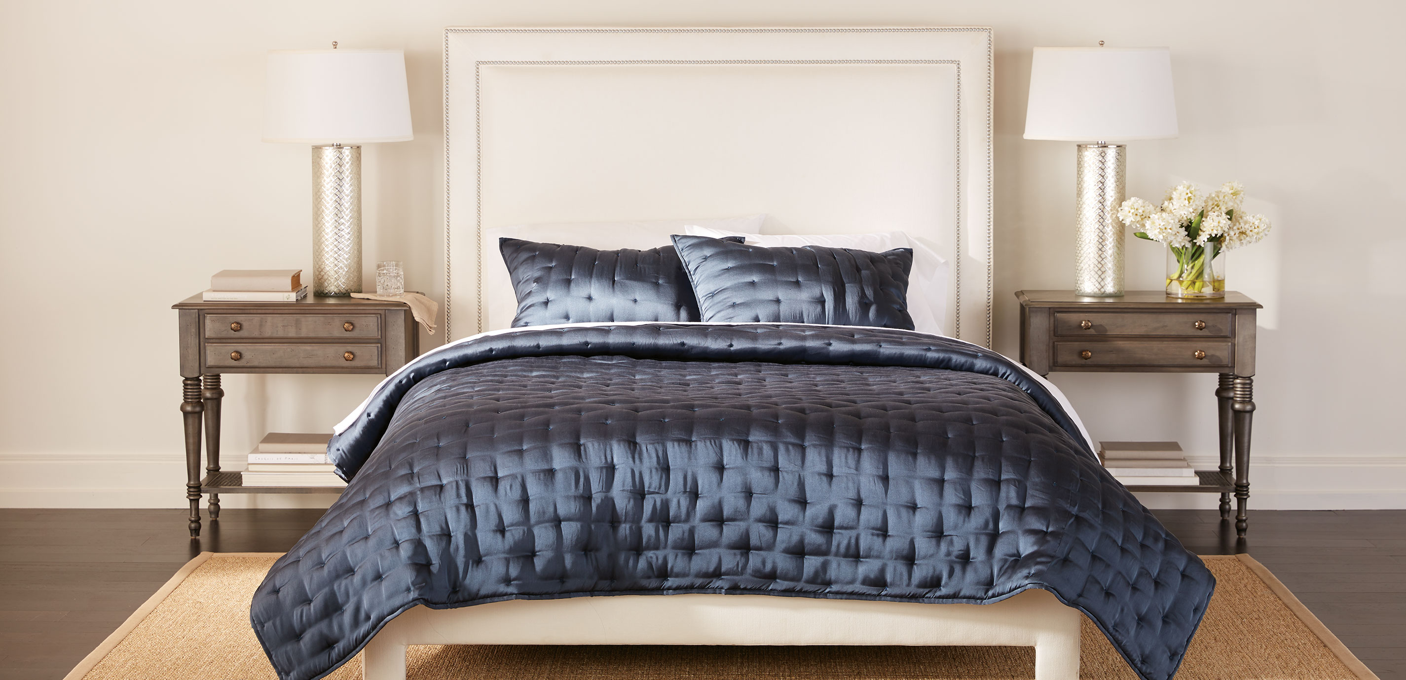 Washed Navy Silk Coverlet and Shams Bedding Ethan Allen
