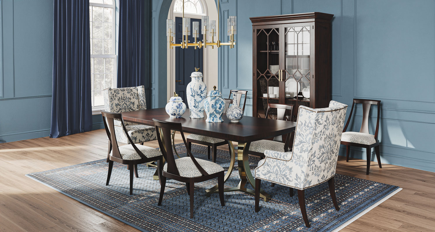 Impeccably Attired Blue Formal Dining Room Design | Ethan Allen Canada